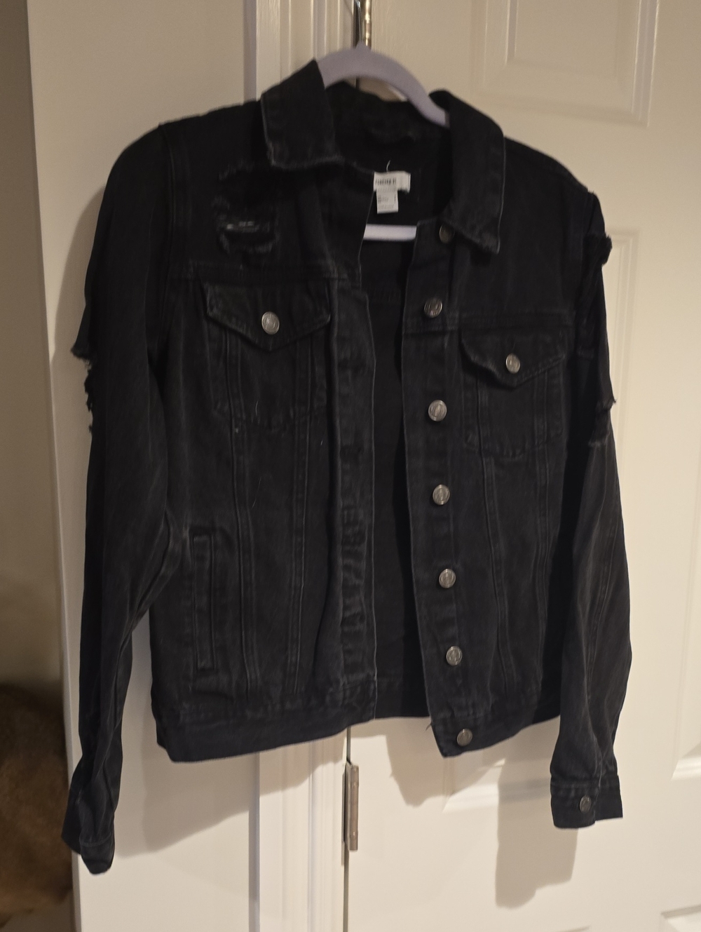 Forever 21 Black Distressed Jean Jacket with Button Front